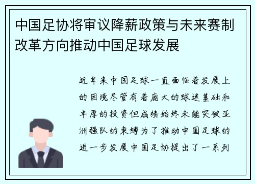 中国足协将审议降薪政策与未来赛制改革方向推动中国足球发展